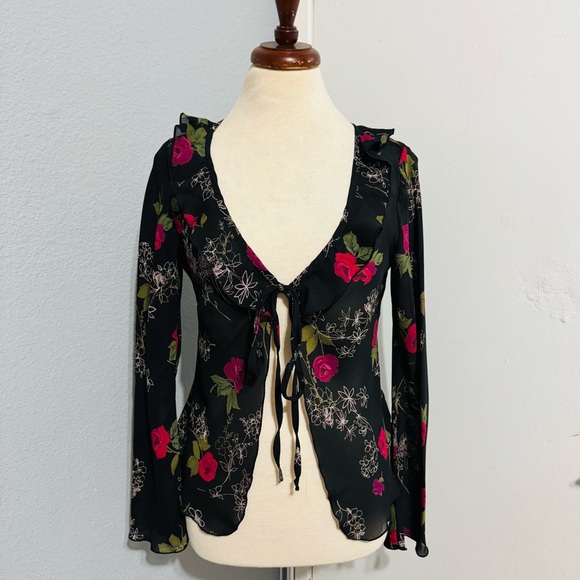 Connected Apparel Floral Black Wide Sleeves Lightweight Tie Front Cardigan 8 - Picture 1 of 14